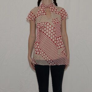 Y2k polka dot blouse with neck tie red and cream size large studio y polyester